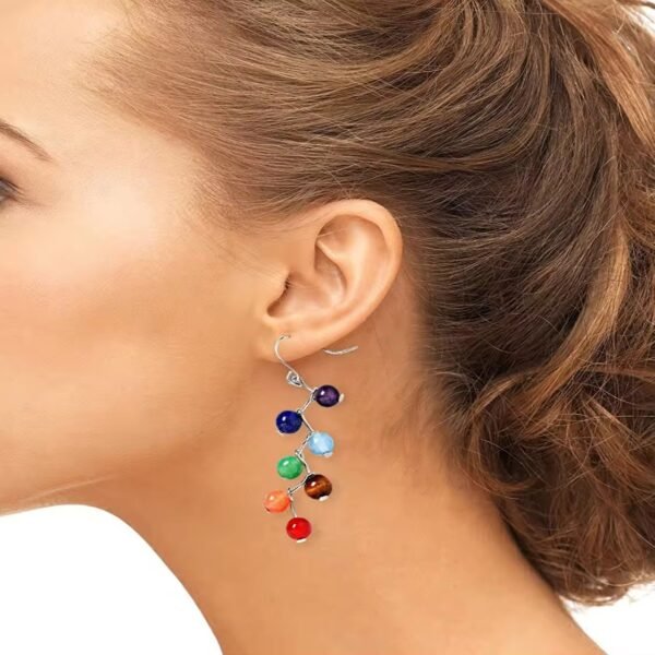 Natural crystal stone round bead earrings arc needle earrings colored stone earrings - Image 2