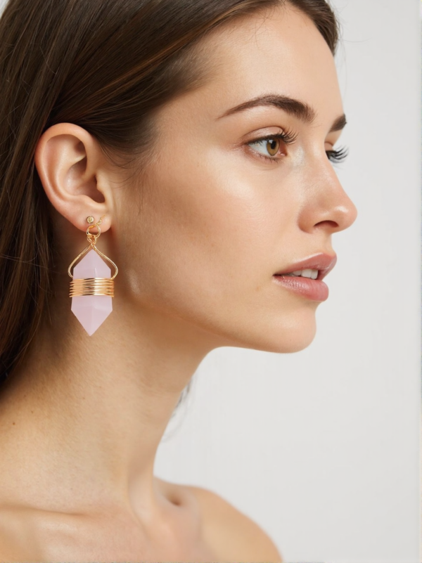 Natural Hexagonal Stone Earrings Rose Quartz Earrings Women Gold Crystal Charm Earrings Jewelry - Image 2