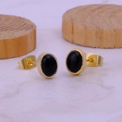 Designer Gold Plated Earrings Fancy Black Agate Gemstone Fashion Oval Birthstone