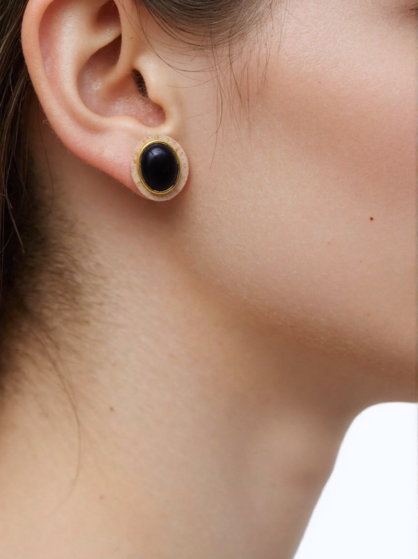 Designer Gold Plated Earrings Fancy Black Agate Gemstone Fashion Oval Birthstone - Image 2