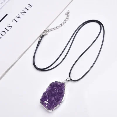 Hot selling natural amethyst irregular crystal cluster raw stone gold plated silver edge pendant necklace