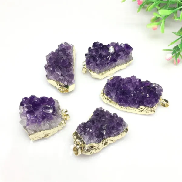 Hot selling natural amethyst irregular crystal cluster raw stone gold plated silver edge pendant necklace - Image 6