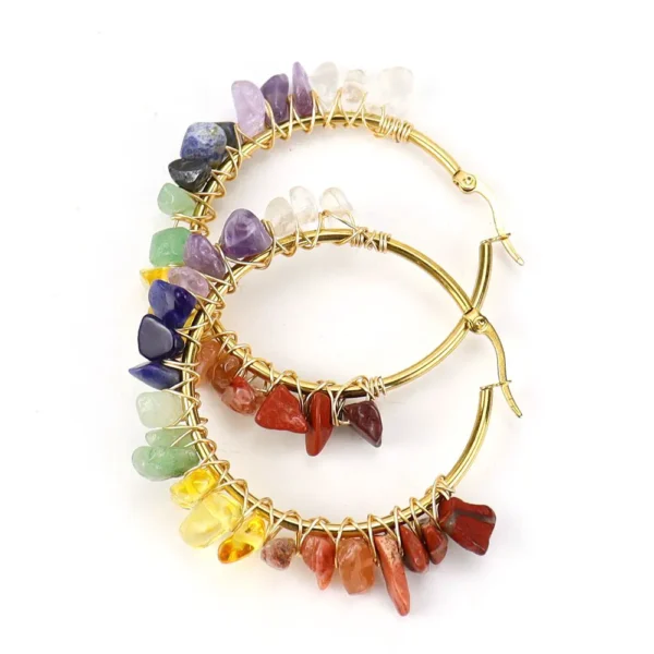 Bohemian Large Hoop Earrings Wrapped Wire Natural Gravel Crystal Earrings - Image 3